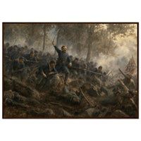 Framed art print of Union infantry charging up a rocky ridge with the colors flying, in a solid wood frame.