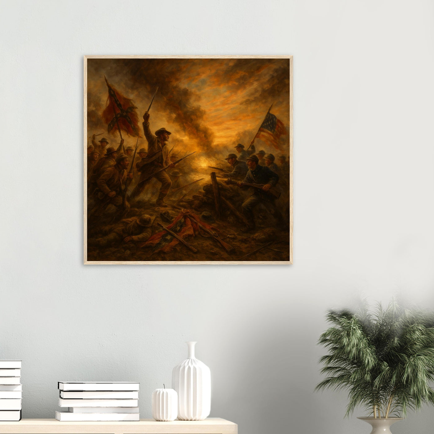 Framed print of Civil War soldiers advancing at dawn, ready to hang.