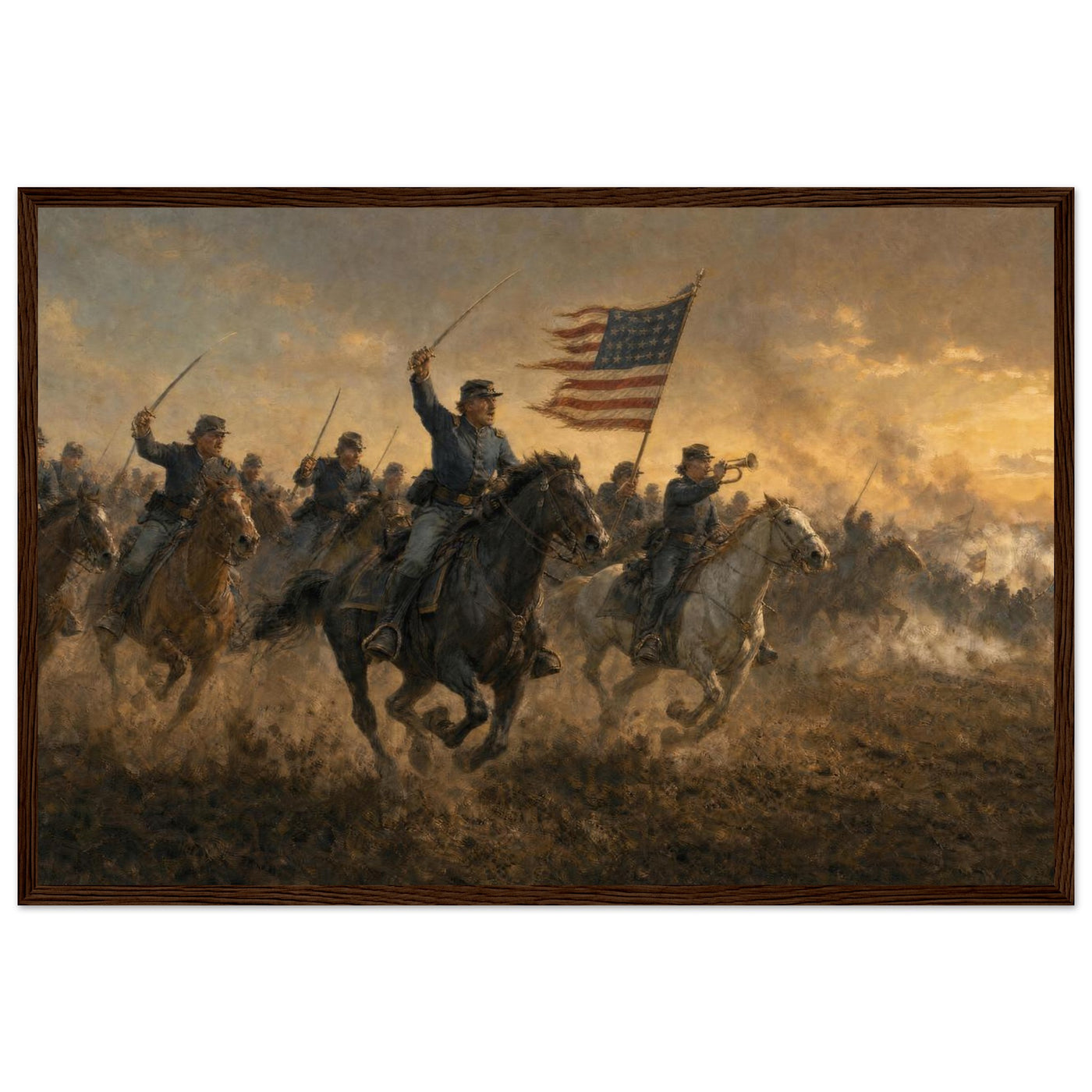 Wooden framed print of a Union cavalry charge — room view, ready to hang.
