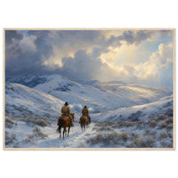 Framed panoramic art print of two riders on horseback crossing a snowy winter trail, in a solid wood frame.