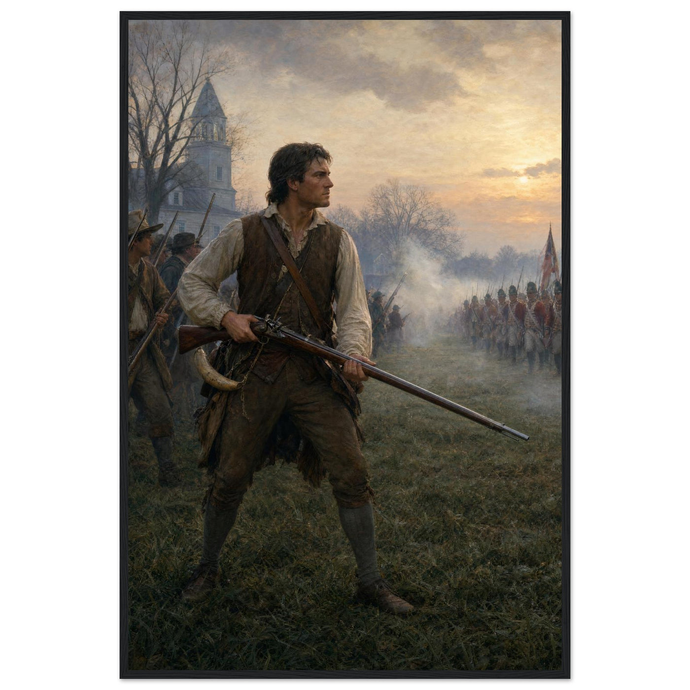Framed print of a minuteman at the dawn of the Revolution, ready to hang.