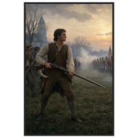 Framed print of a minuteman at the dawn of the Revolution, ready to hang.
