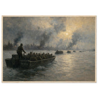 Crossing the Rhine — framed fine art print of a landing craft of soldiers on a smoky river, 12x18″ in a natural wood frame
