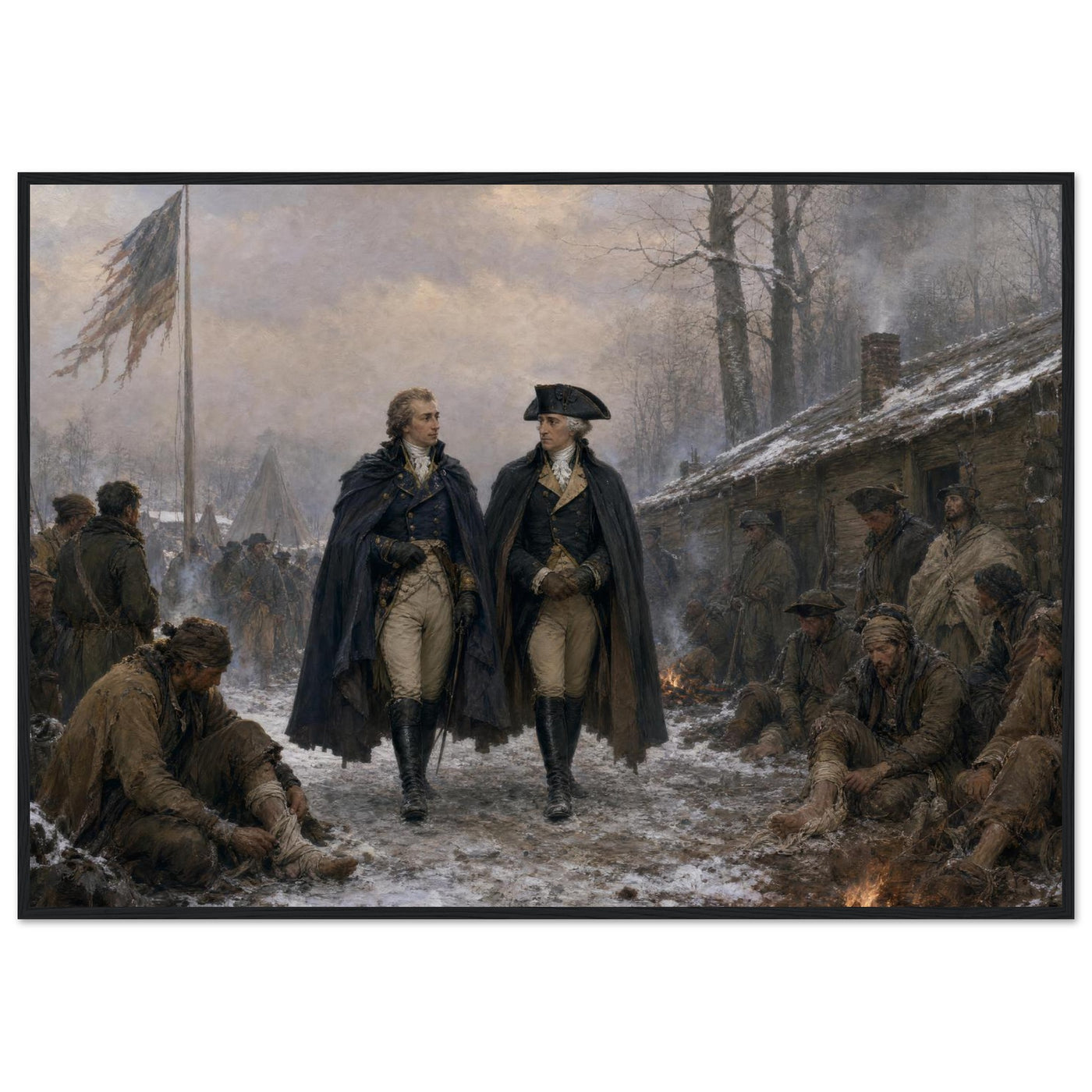 Framed print of Washington in prayer at Valley Forge, ready to hang.