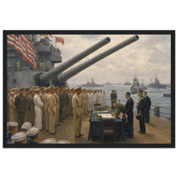 Framed panoramic art print of the 1945 Japanese surrender ceremony aboard the USS Missouri, in a solid wood frame.