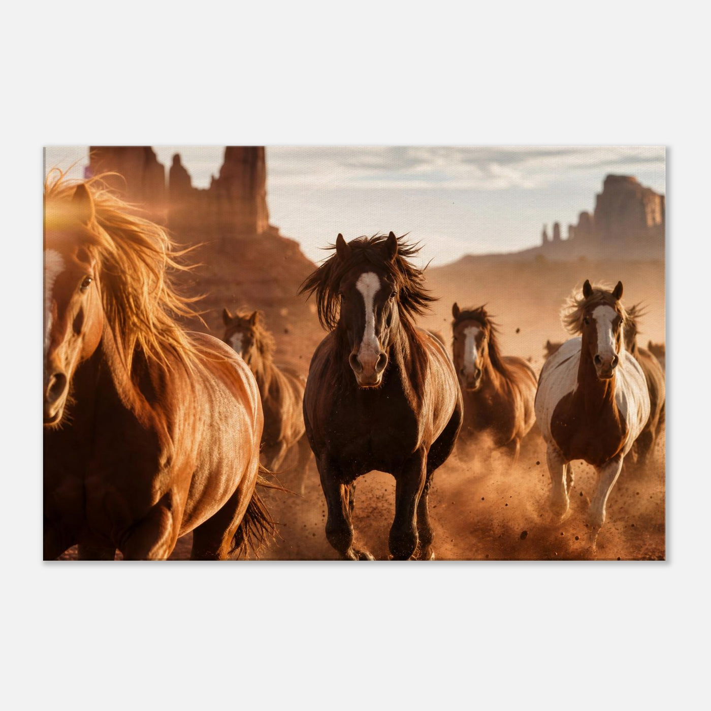 Canvas print of a wild mustang herd galloping — room view, ready to hang.