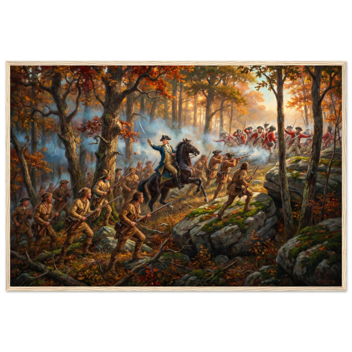 Framed print of a Revolutionary forest ambush, ready to hang.