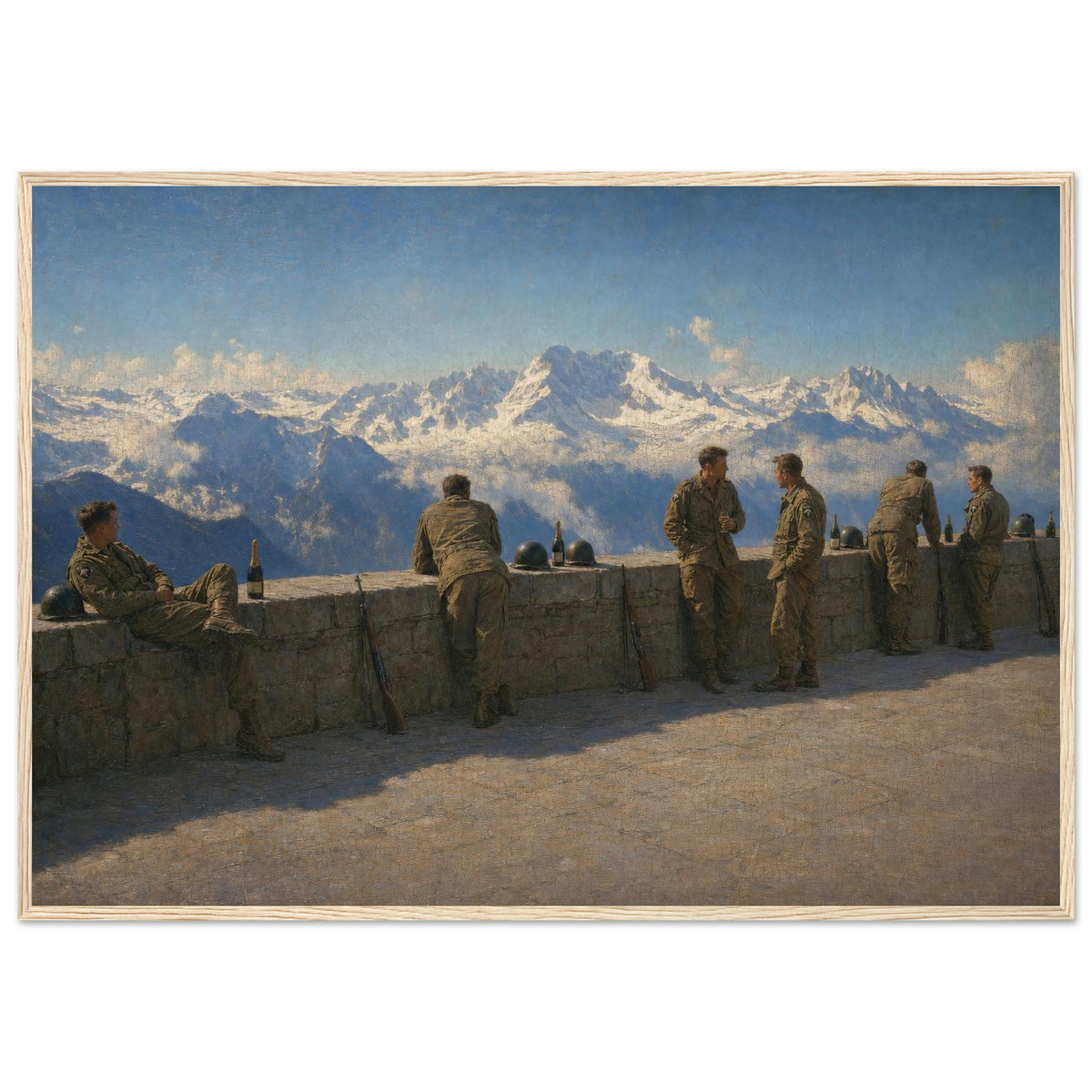 The Eagle's Nest, 1945 — framed fine art print of American soldiers on an Alpine terrace, 12x18″ in a natural wood frame