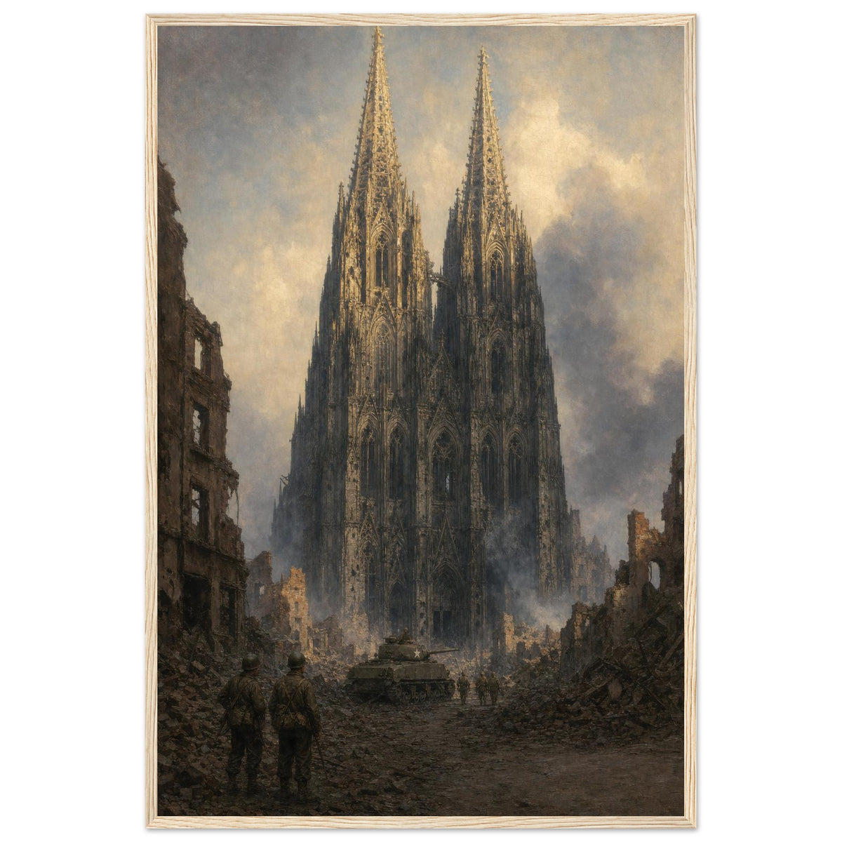 Cologne, March 1945 — framed fine art print of a tank and GIs before the ruined cathedral, 16x24″ in a natural wood frame