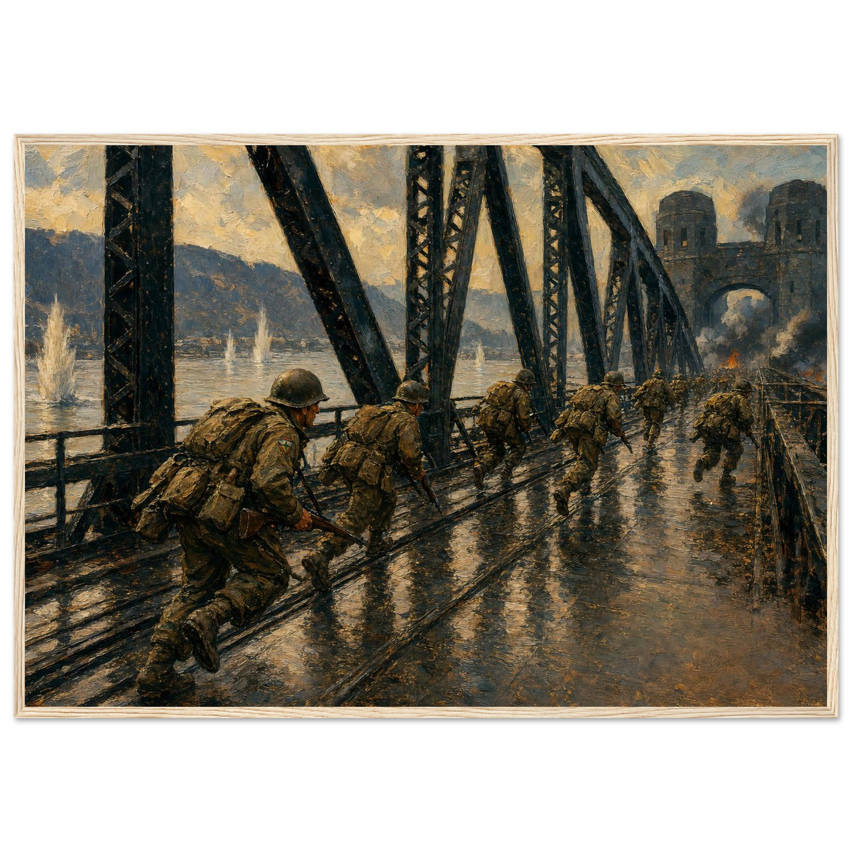 The Bridge at Remagen — framed fine art print of soldiers running across a railway bridge, 12x18″ in a natural wood frame