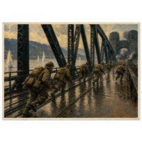The Bridge at Remagen — framed fine art print of soldiers running across a railway bridge, 12x18″ in a natural wood frame