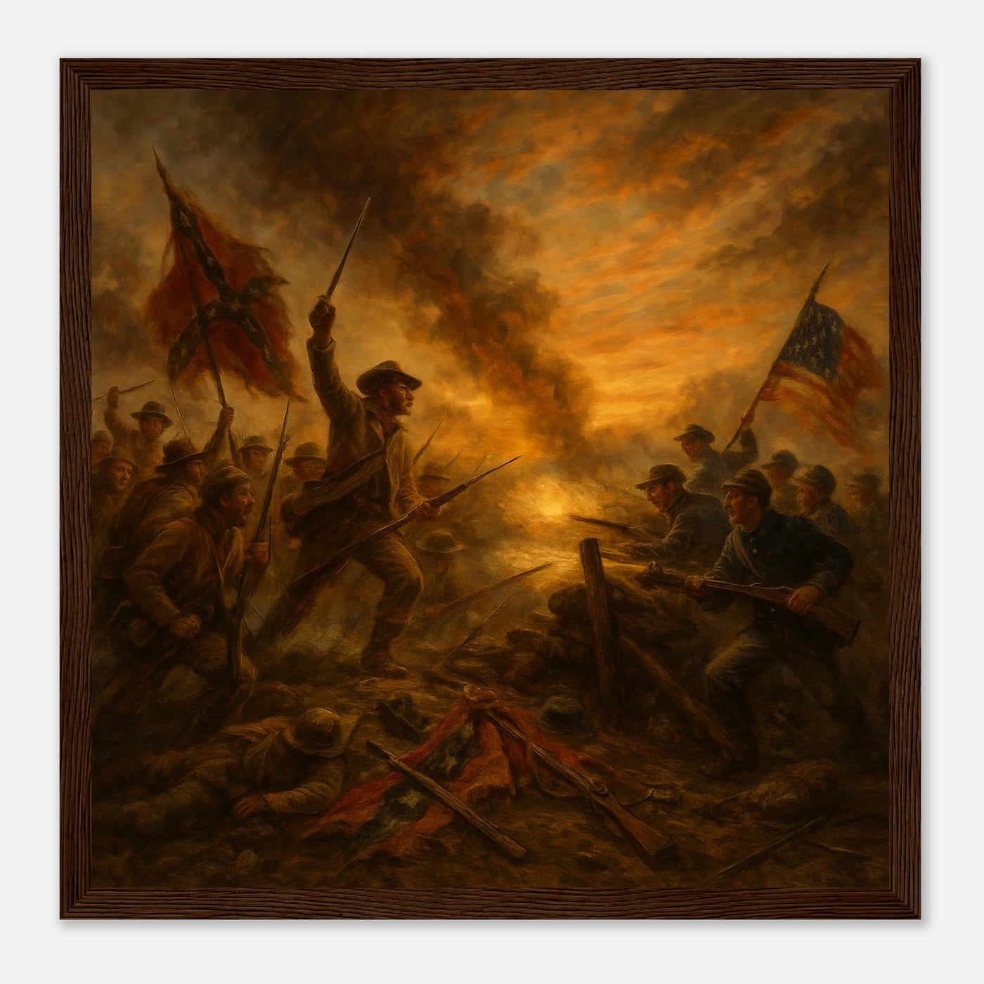 Framed print of Civil War soldiers advancing at dawn, ready to hang.