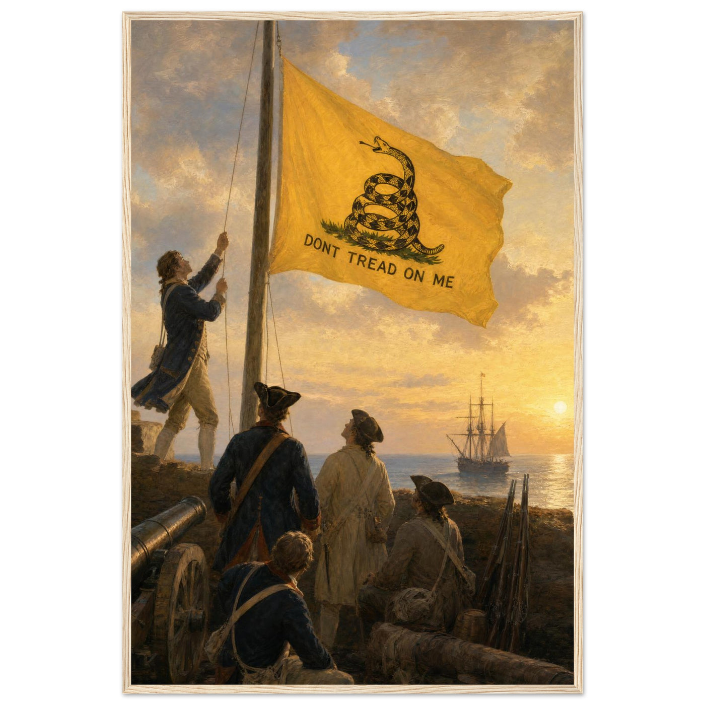 Framed print of the Gadsden 'Don't Tread on Me' flag at sea, ready to hang.