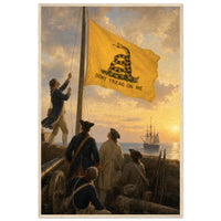 Framed print of the Gadsden 'Don't Tread on Me' flag at sea, ready to hang.