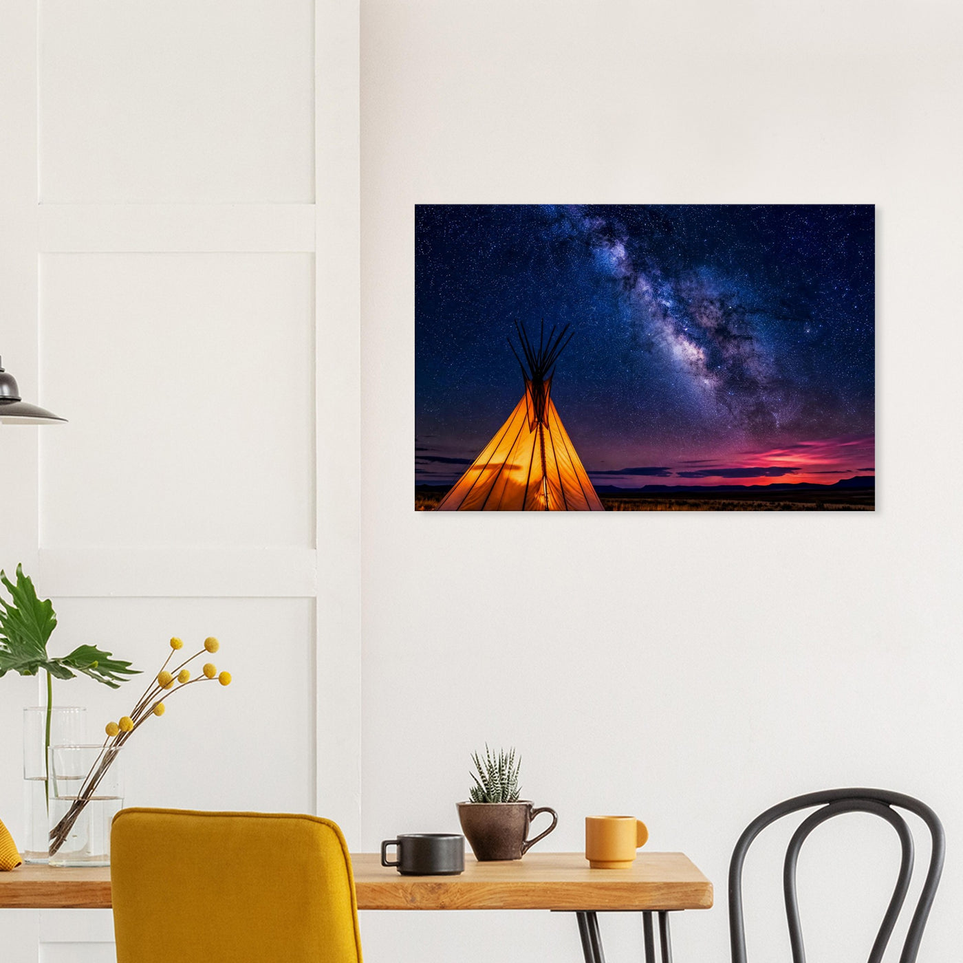 Canvas print of a teepee beneath a starlit sky — room view, ready to hang.