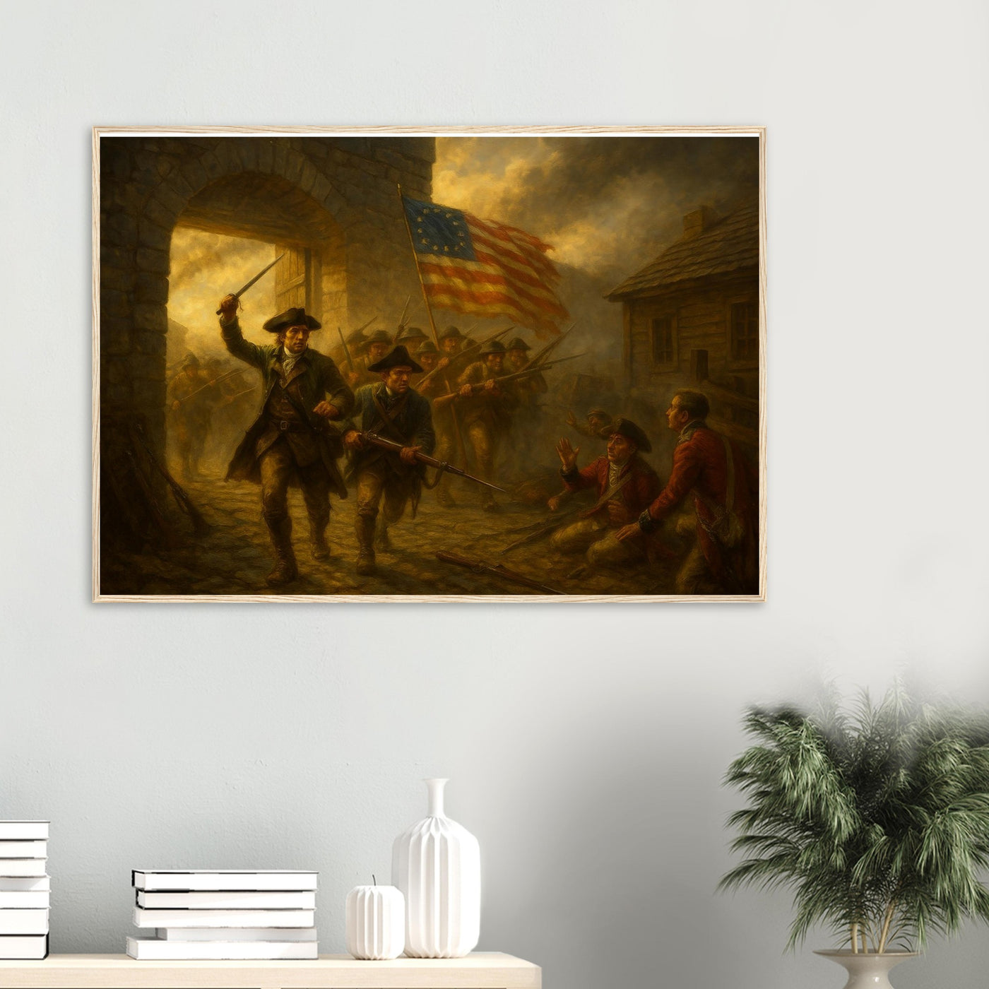 Framed print of the capture of Fort Ticonderoga, ready to hang.