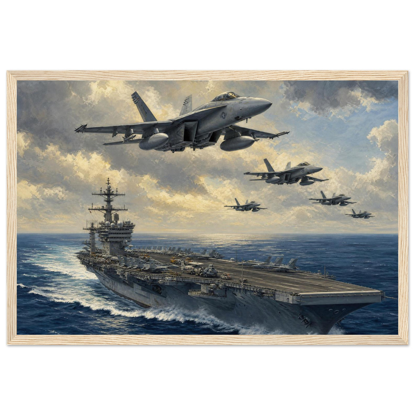 Wooden framed print of a U.S. Navy supercarrier — room view, ready to hang.