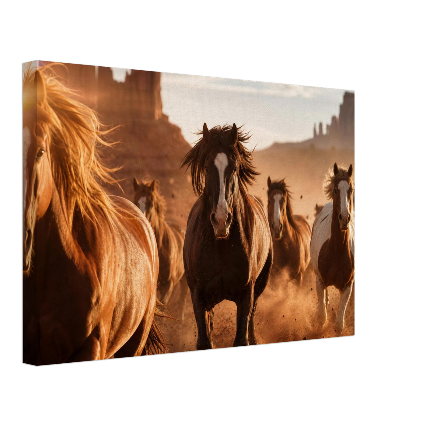 Canvas print of a wild mustang herd galloping — room view, ready to hang.