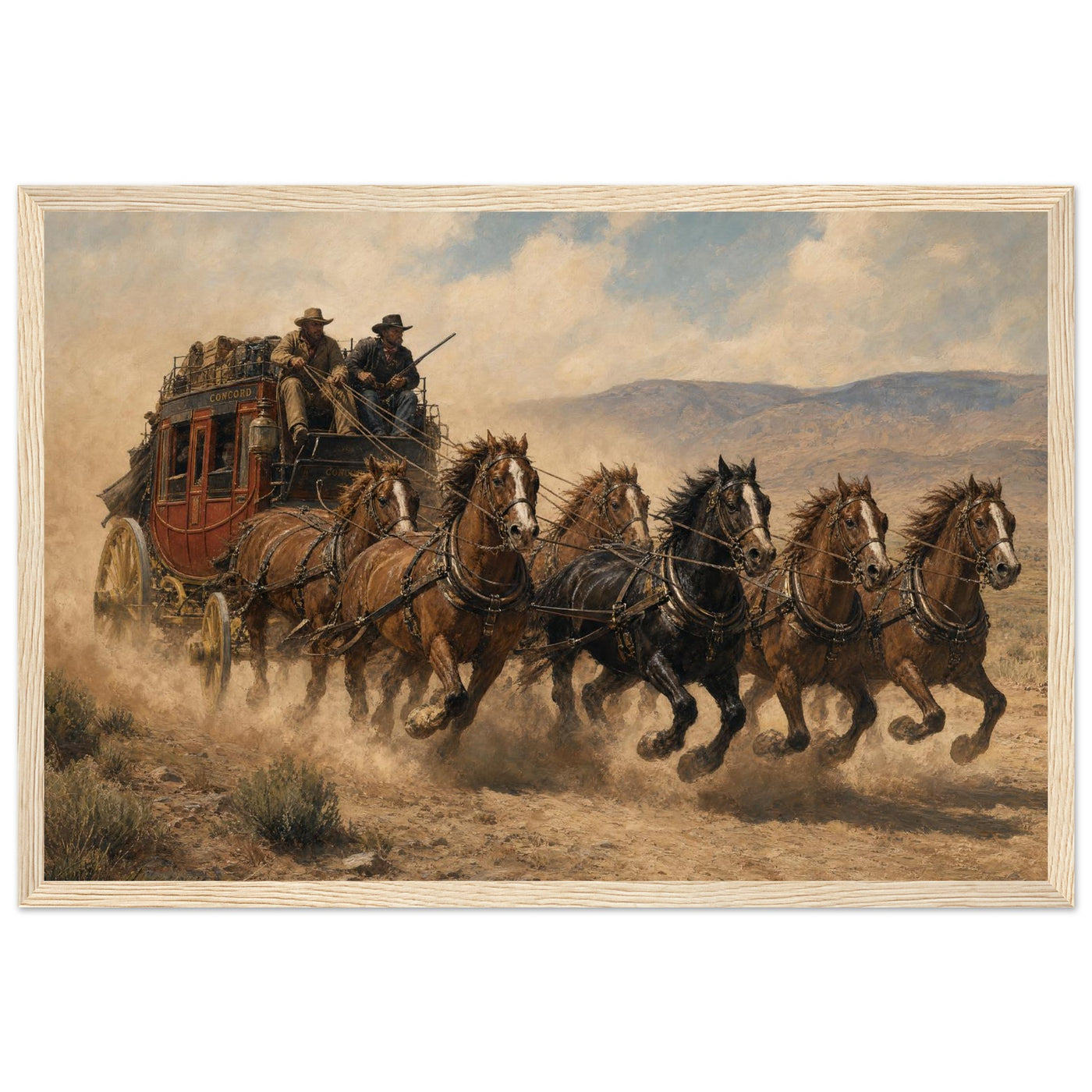 Wooden framed print of a Wild West stagecoach — room view, ready to hang.