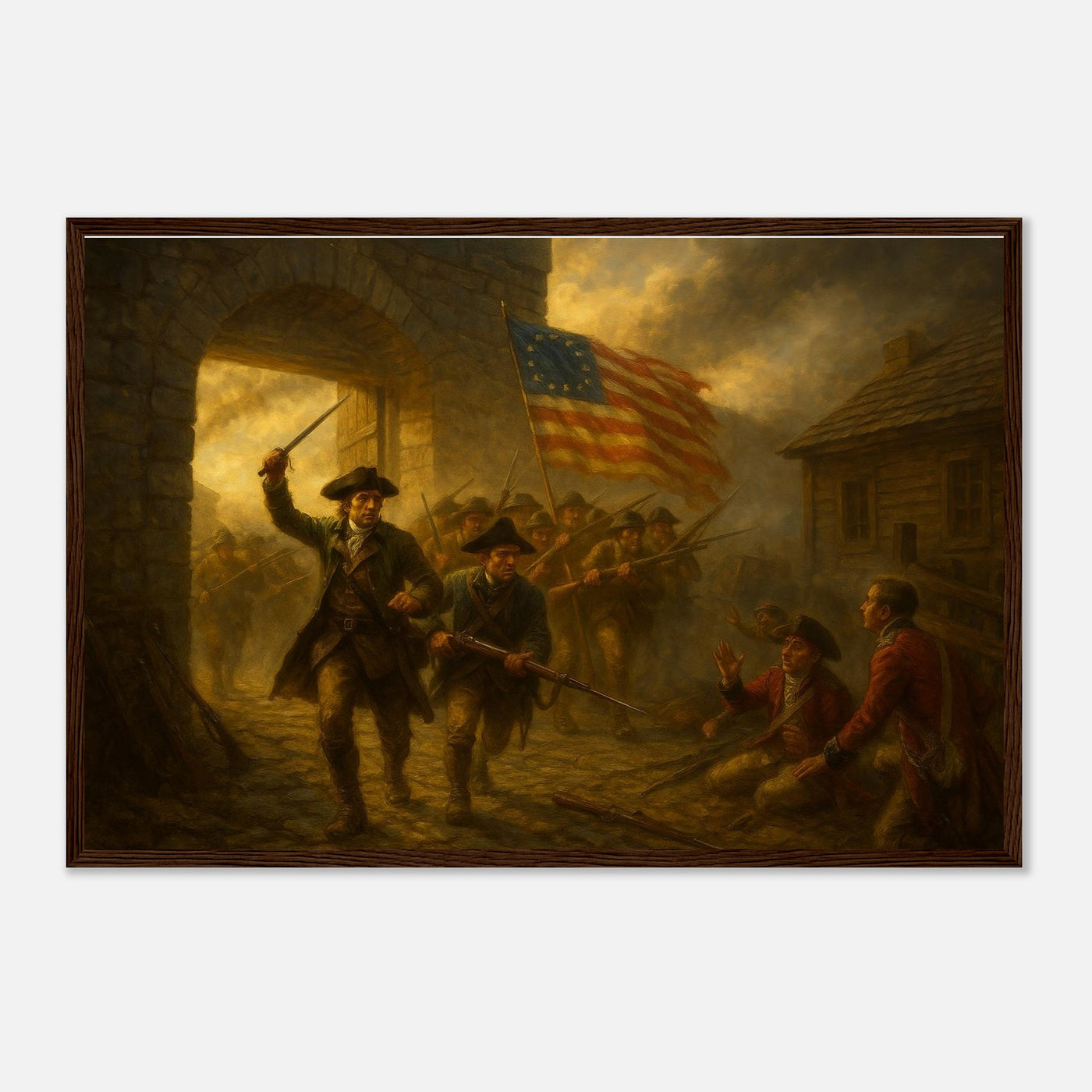Framed print of the capture of Fort Ticonderoga, ready to hang.