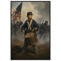 Framed print of a Union drummer boy on the battlefield, ready to hang.