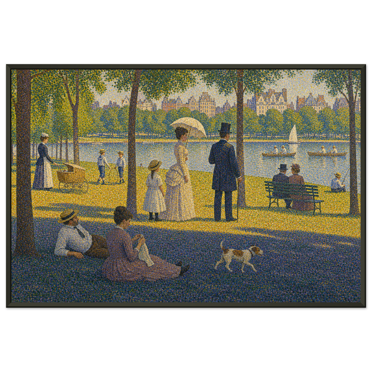 A Sunday Afternoon in Central Park — framed fine art print of strollers, a parasol, a pram and a dog on a lakeside lawn in dotted color, after Seurat, in a black frame