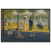 A Sunday Afternoon in Central Park — framed fine art print of strollers, a parasol, a pram and a dog on a lakeside lawn in dotted color, after Seurat, in a black frame