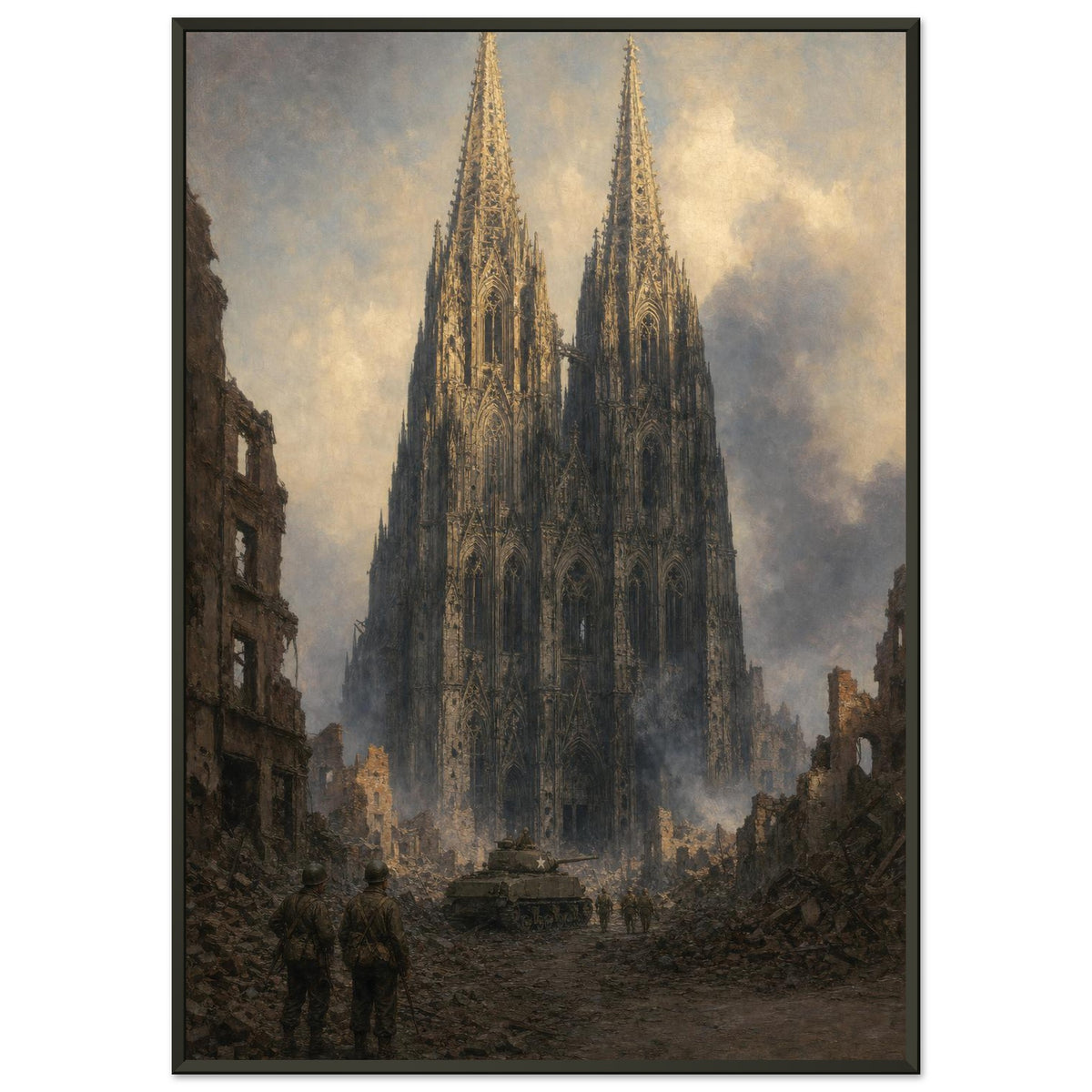 Cologne, March 1945 — framed fine art print of a tank and GIs before the ruined cathedral, 16x24″ in a black frame