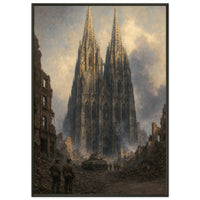 Cologne, March 1945 — framed fine art print of a tank and GIs before the ruined cathedral, 16x24″ in a black frame