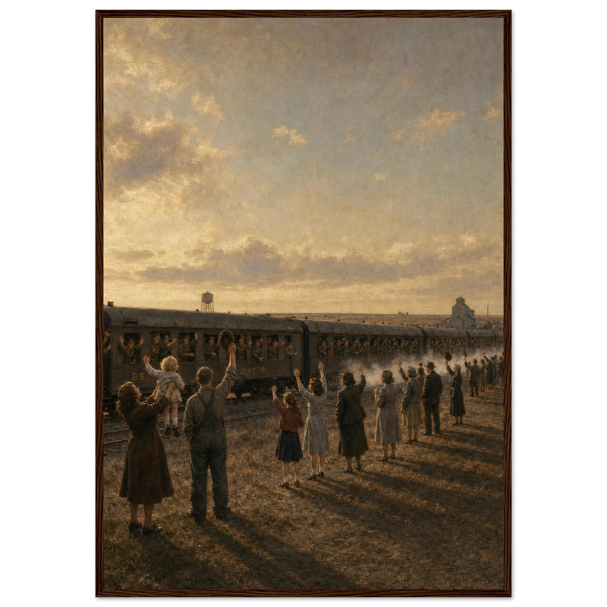 The Troop Train — framed fine art print of families waving off a troop train, 12x18″ in a dark wood frame