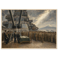 The Deck of the Missouri — framed print of sailors watching the 1945 surrender ceremony, 12x18″ in a natural wood frame