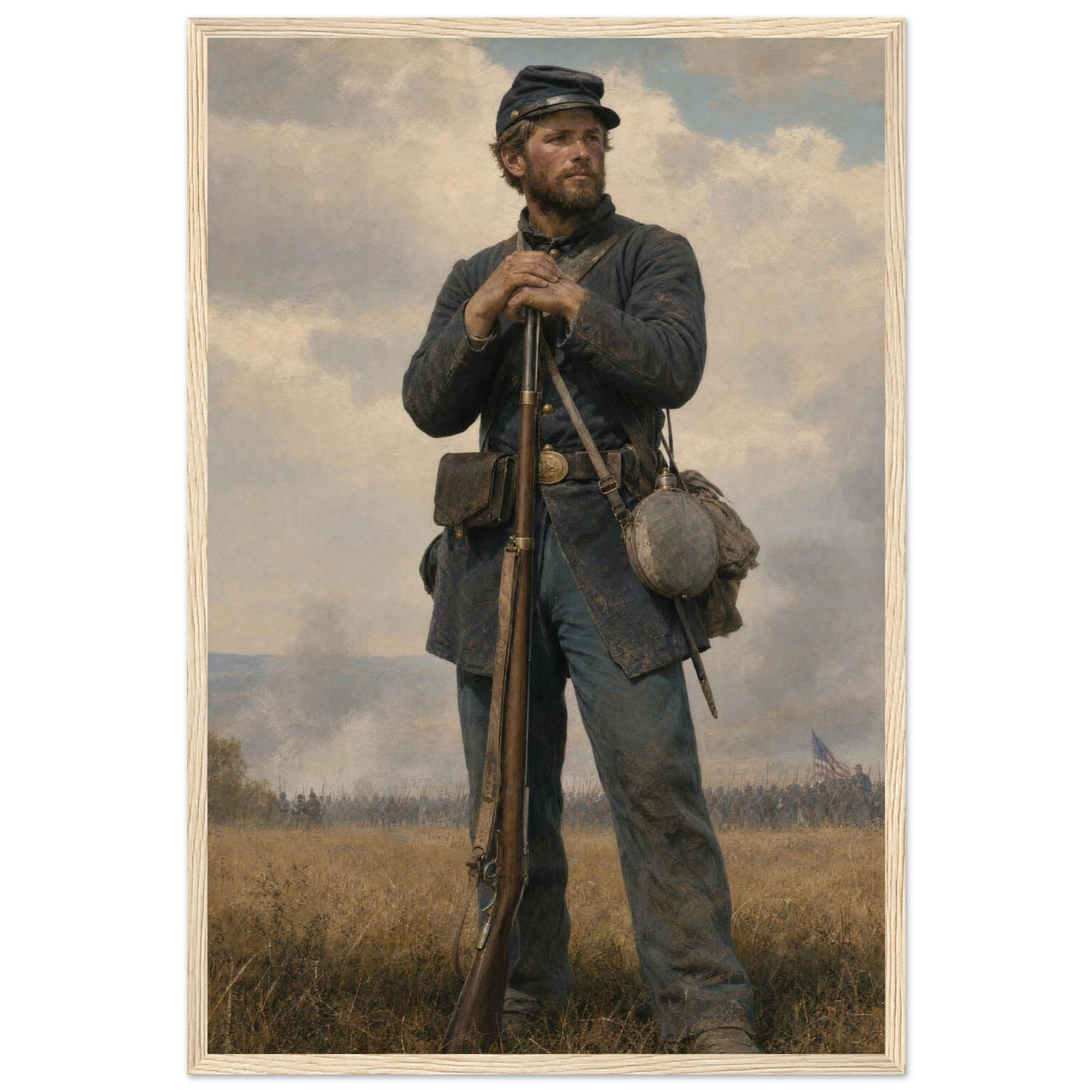 Framed portrait painting of a weary Union soldier standing at rest, leaning on his rifle, in a solid wood frame.