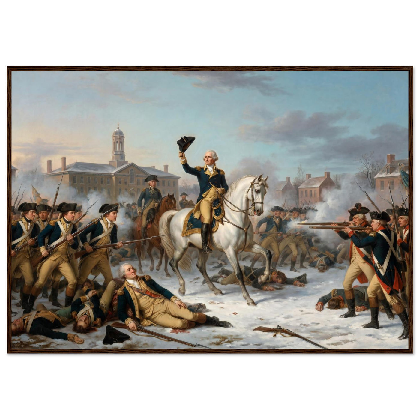 Framed print of Washington rallying the troops at Trenton, ready to hang.
