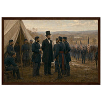 Framed art print of a Union army encampment with tents and officers at Antietam, in a solid wood frame.