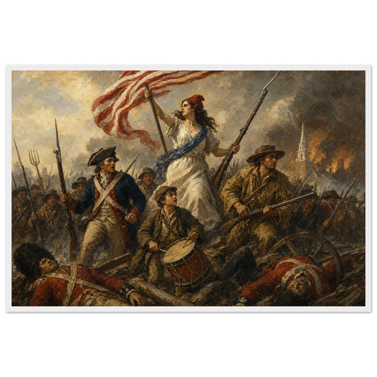 Liberty Leads the Line — framed fine art print of Liberty in a red cap carrying the flag over a battlefield with a drummer boy at her feet, in a white frame