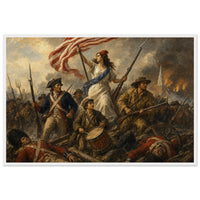 Liberty Leads the Line — framed fine art print of Liberty in a red cap carrying the flag over a battlefield with a drummer boy at her feet, in a white frame