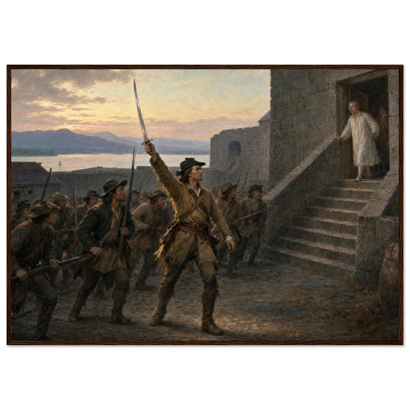 Framed art print of Union soldiers ascending the stone steps of a fort with the flag at dawn, in a solid wood frame.