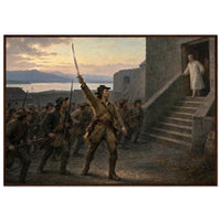 Framed art print of Union soldiers ascending the stone steps of a fort with the flag at dawn, in a solid wood frame.