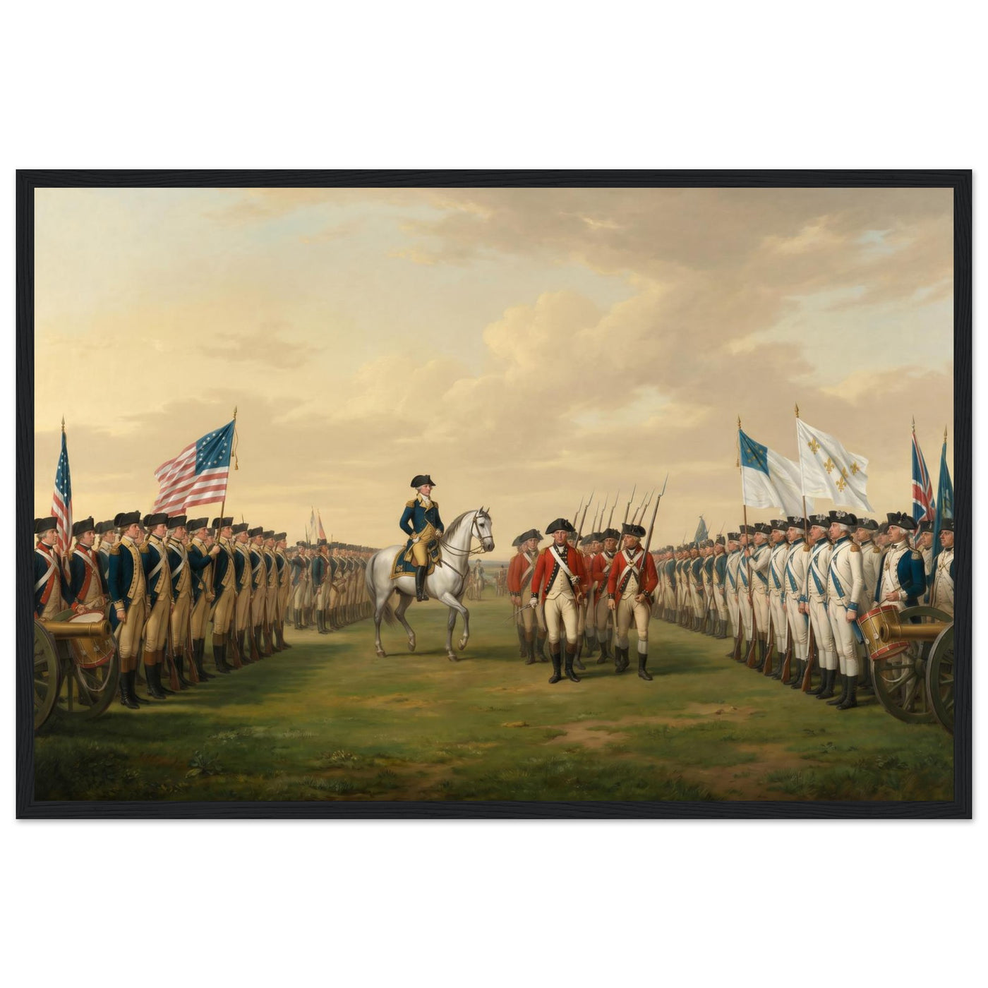 Wooden framed print of the surrender of Cornwallis — room view, ready to hang.