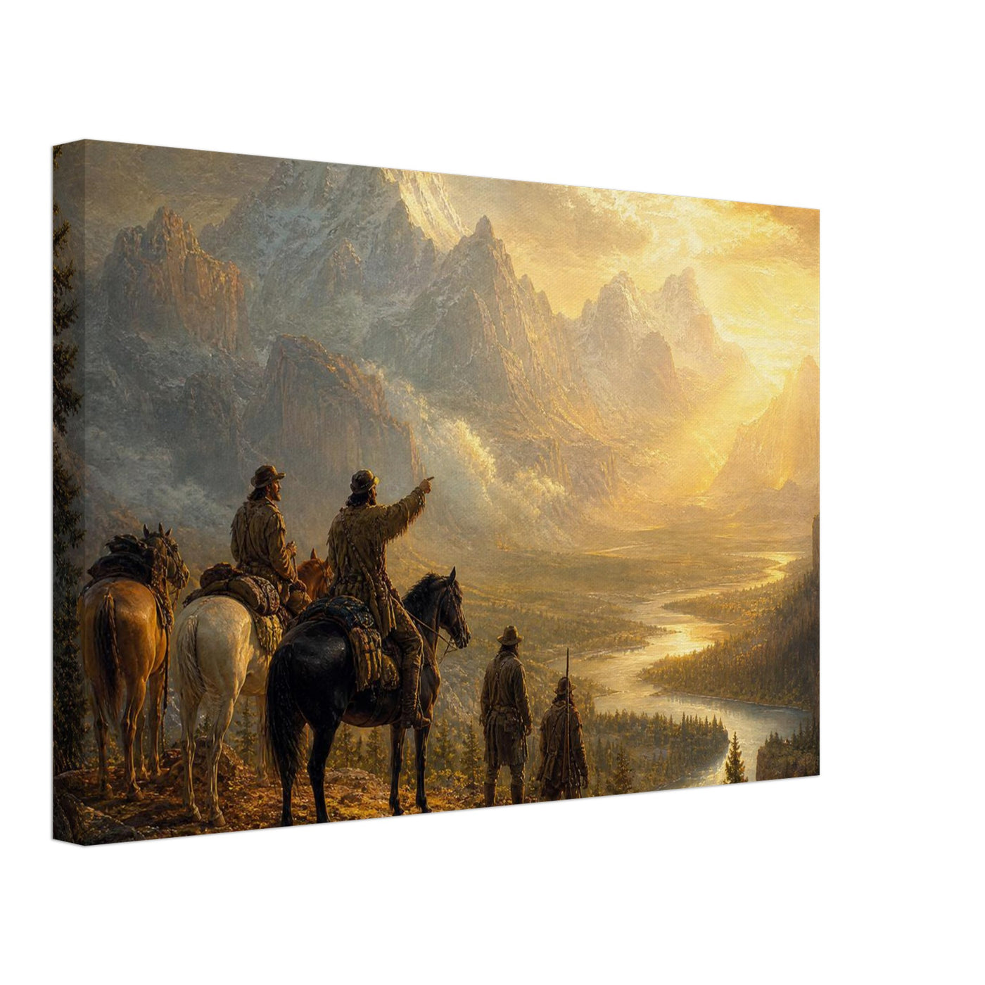 Canvas print of pioneers overlooking a sunset vista — room view, ready to hang.