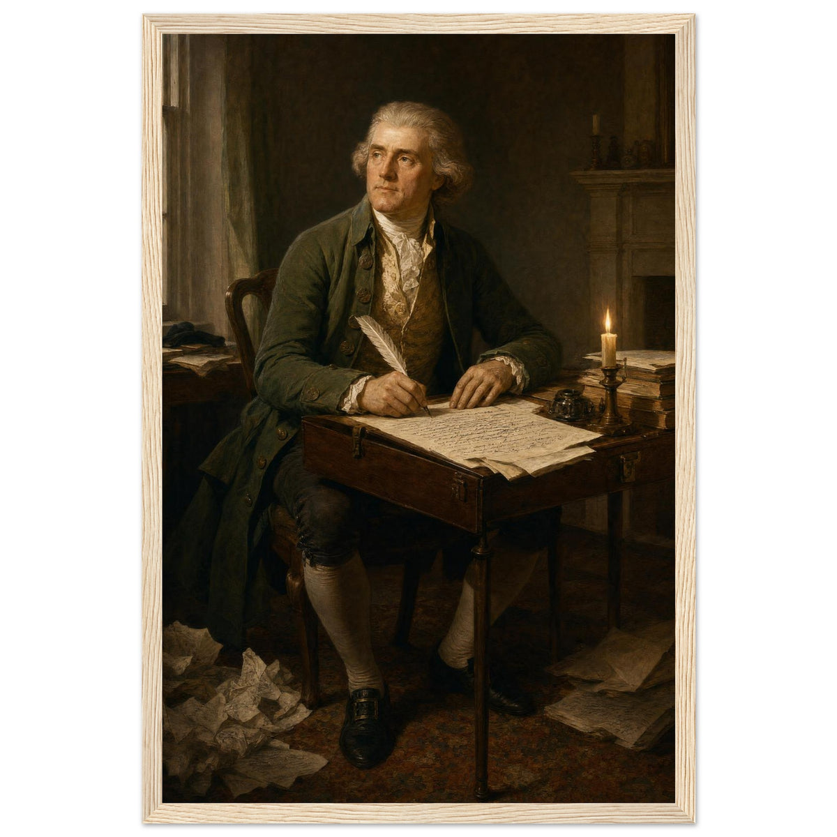 Framed portrait of Thomas Jefferson at his writing desk, ready to hang.
