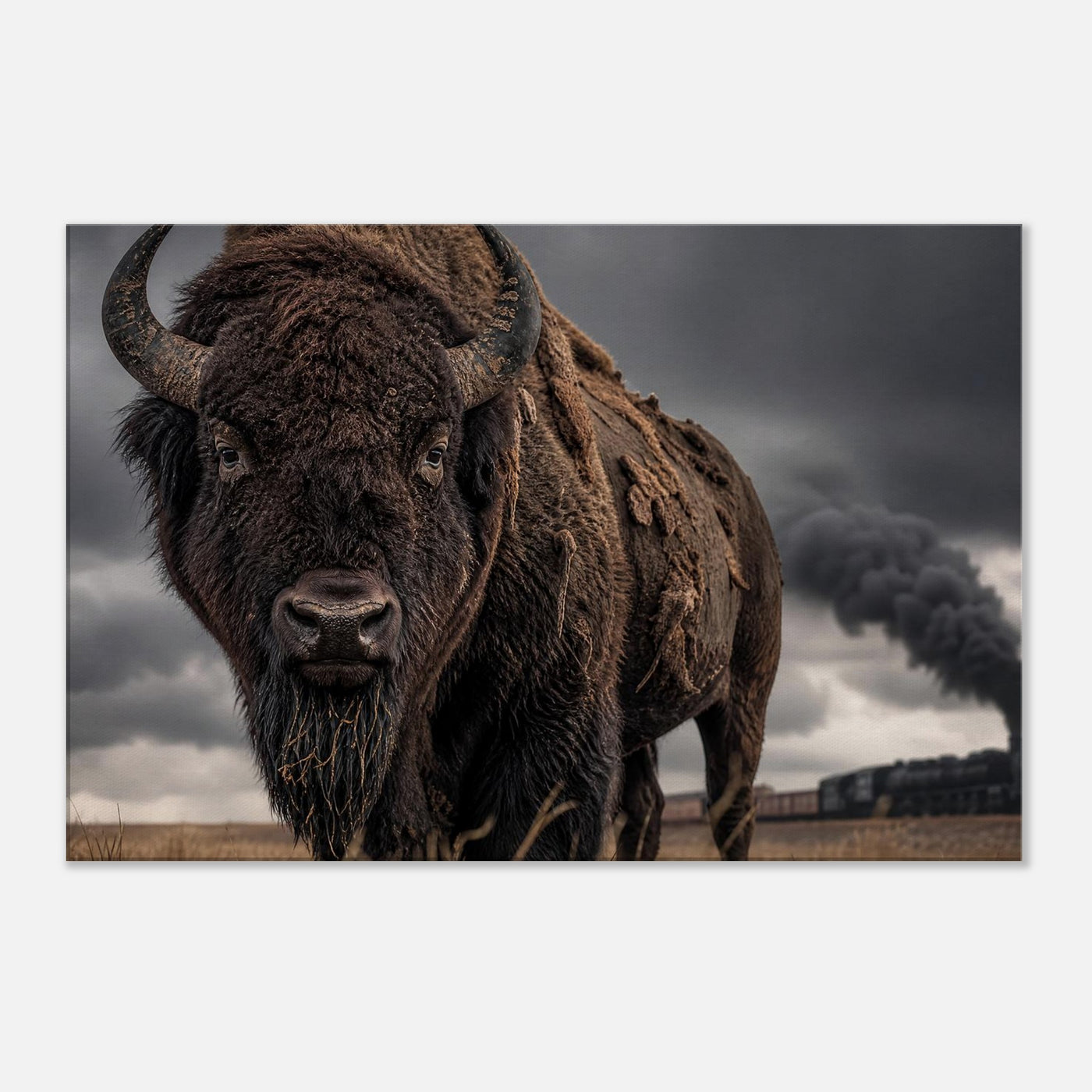 Canvas print of a bison and a train on the plains — room view, ready to hang.