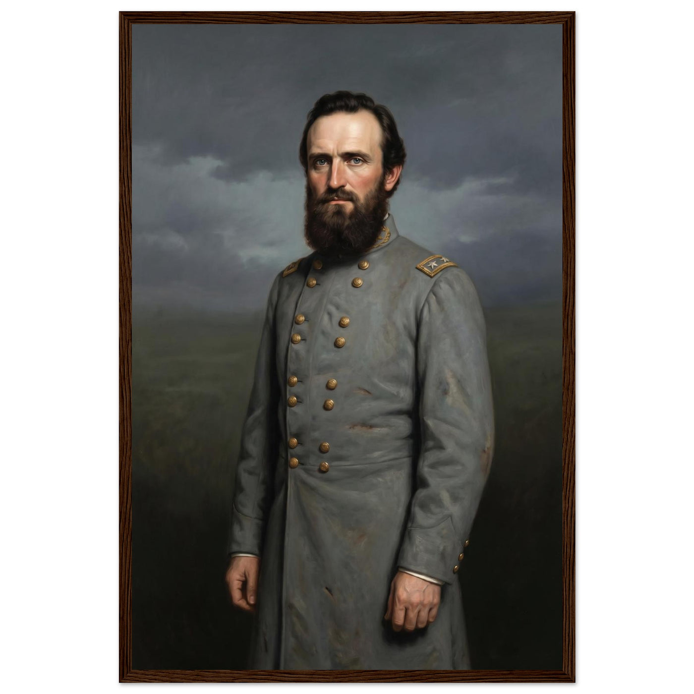 Framed portrait painting of a bearded Confederate general in gray uniform, in a solid wood frame.