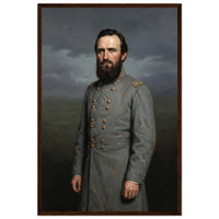 Framed portrait painting of a bearded Confederate general in gray uniform, in a solid wood frame.