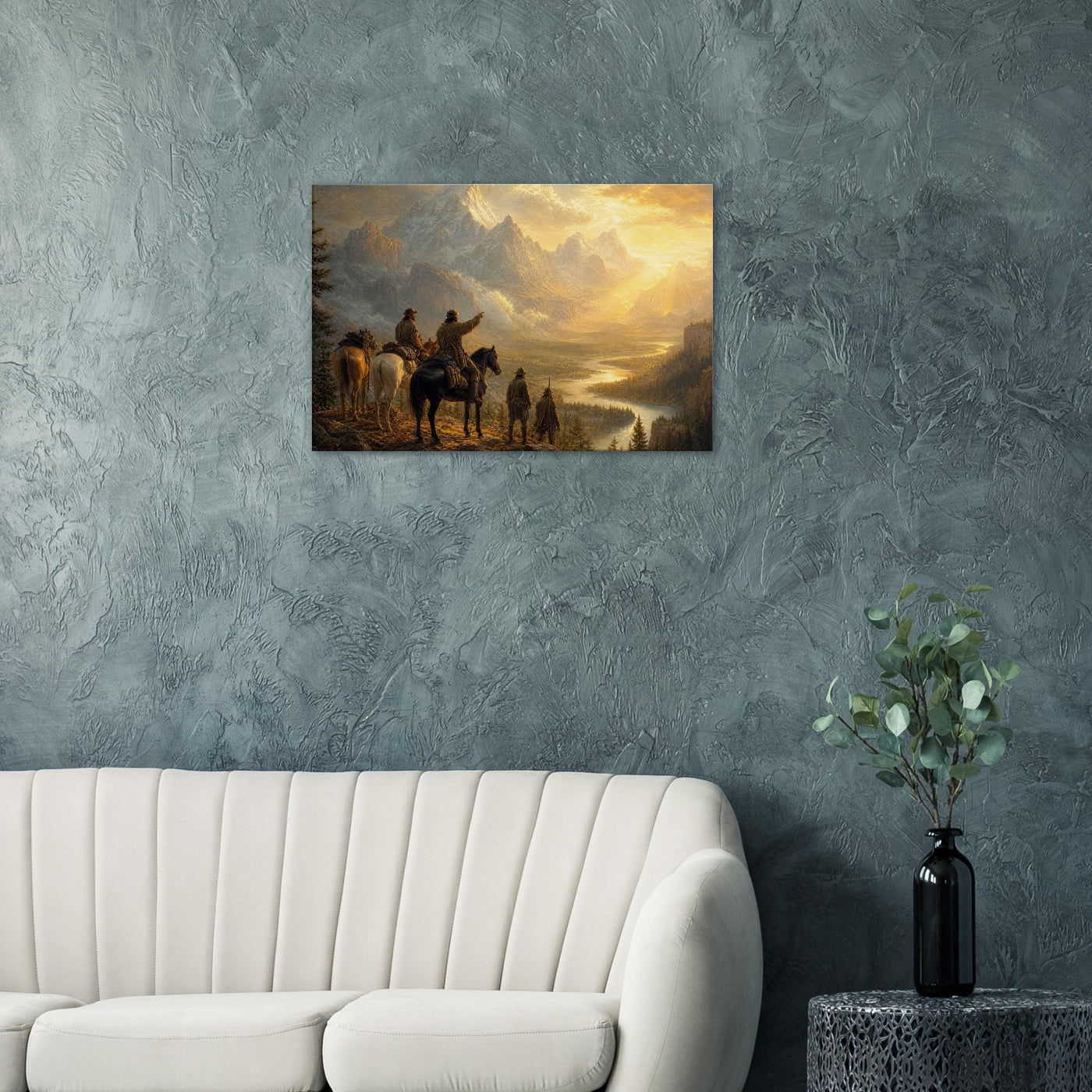 Canvas print of pioneers overlooking a sunset vista — room view, ready to hang.
