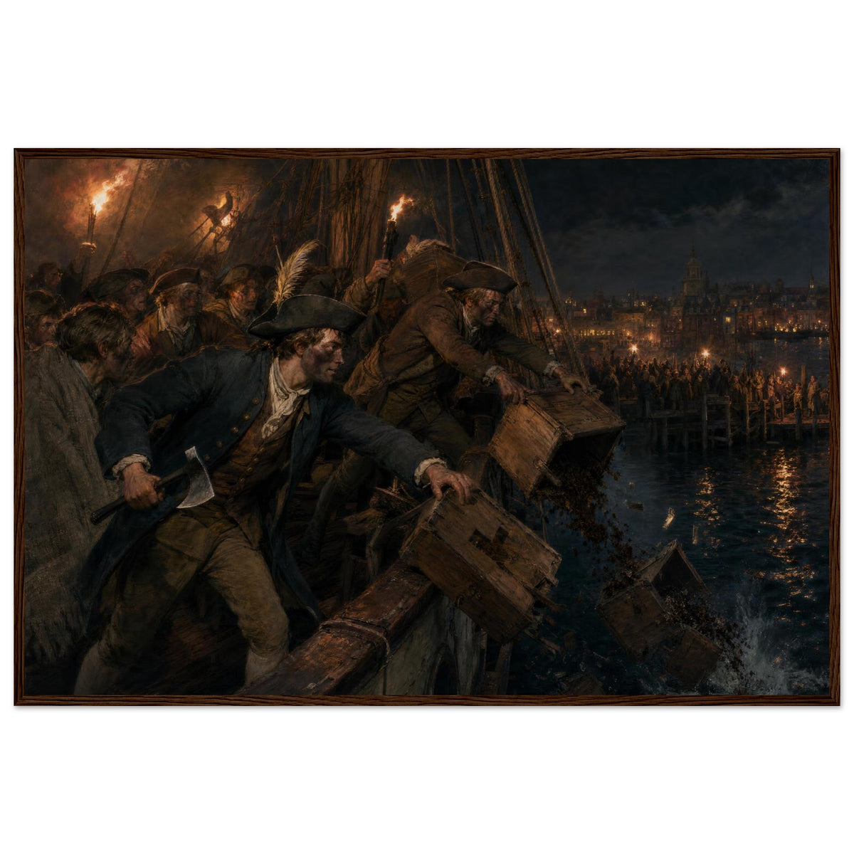 Framed print of the Boston Tea Party, ready to hang.