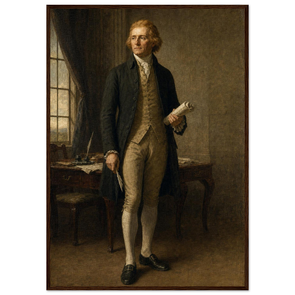 Thomas Jefferson — The Virginian — framed fine art print of Jefferson at his writing desk, 12x18″ in a dark wood frame