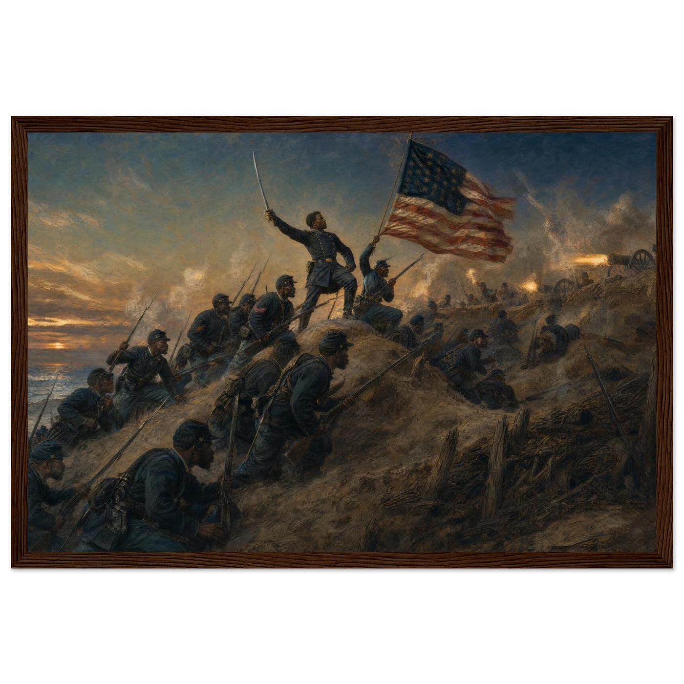 Framed panoramic art print of soldiers advancing through smoke and fire on the battlefield, in a solid wood frame.