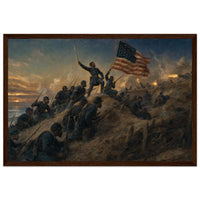 Framed panoramic art print of soldiers advancing through smoke and fire on the battlefield, in a solid wood frame.
