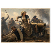 Framed art print of a woman standing defiantly at a cannon amid fallen soldiers on the battlefield, in a solid wood frame.